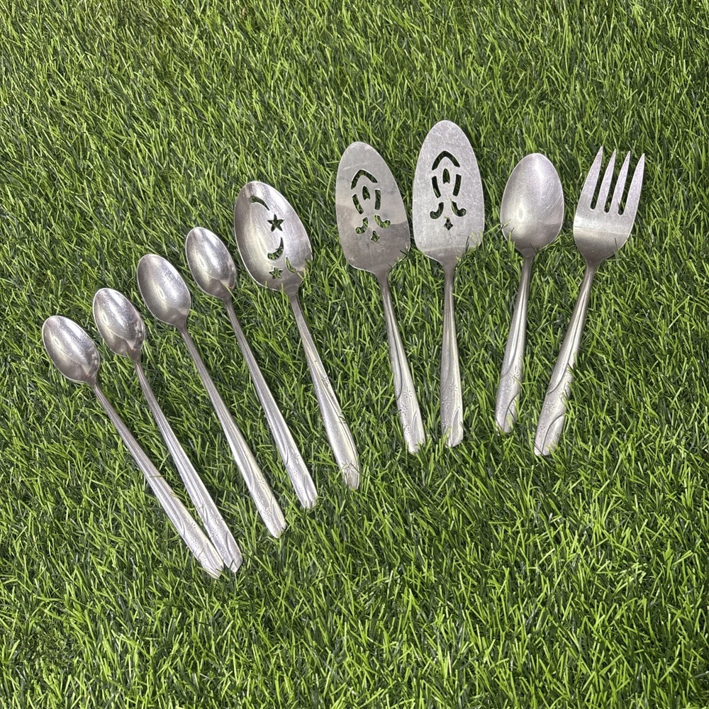 Vintage Thor Stainless USA Starlet 9 Pc Serving Flatware Lot 1950s Atomic MCM